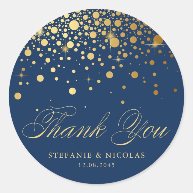 Sticker Rond Gold Foil Confetti Marine Mariage bleu Merci (Devant)