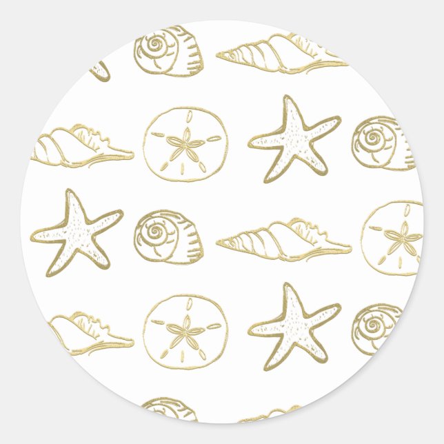 Sticker Rond Gold Foil Look Sea Shells Chic Beach Elegant Blanc (Devant)