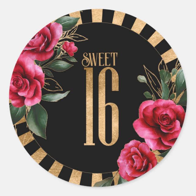 Sticker Rond Gold Foil Stripes Sweet sixteen Floral Black ID757 (Devant)