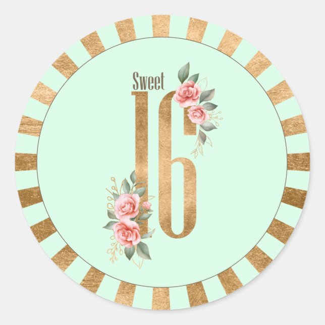 Sticker Rond Gold Foil Stripes Sweet sixteen Mint Green ID756 (Devant)