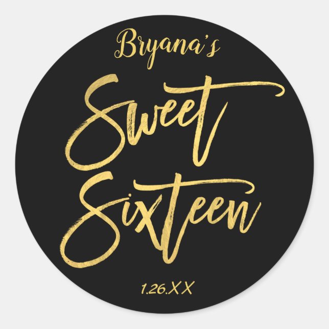 Sticker Rond Gold Foil Sweet 16 Seteen Modern Script Party (Devant)