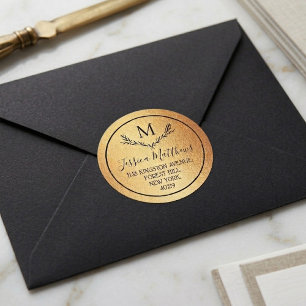 Sticker Rond Gold Foil & Wreath Custom Monogram Adresse de reto