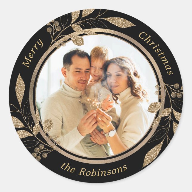 Sticker Rond Gold Foliage Famille Photo Noir Noël (Devant)