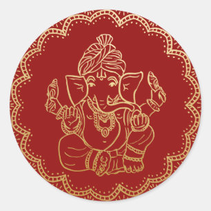 Sticker Rond Gold Ganesh   Mariage rouge de Dieu indien