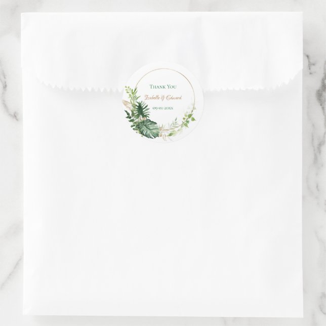 Sticker Rond Gold Géométrique Tropical Vert Monstera Feuilles (Sac)