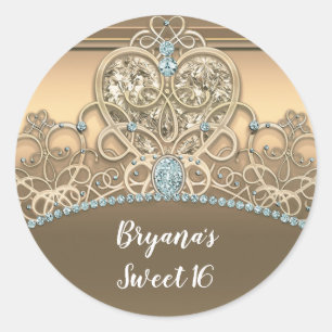 Sticker Rond Gold Glam Princess Heart Tiara fête d'anniversaire