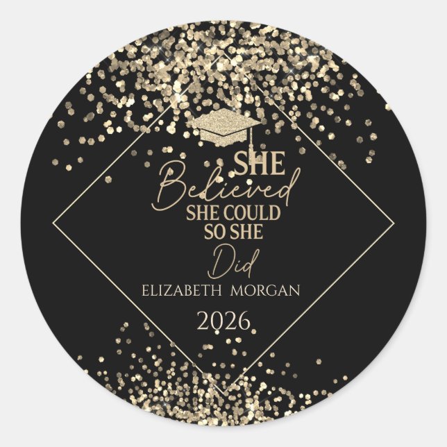Sticker Rond Gold Glitter Grad Cap,Confetti She Believed (Devant)