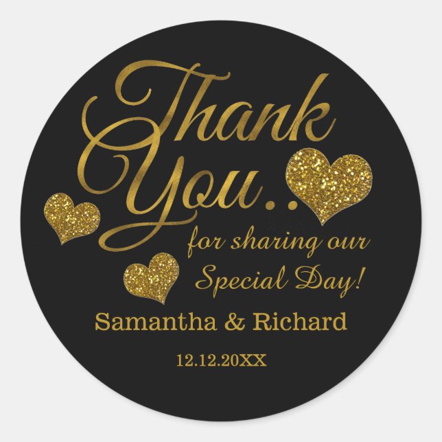 Sticker Rond Gold Glitter Heart Thank You Wedding Favor Black  (Devant)
