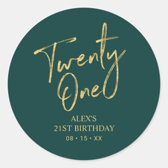 Sticker Rond Gold & Green 21e fête d'anniversaire Favor Merci (Devant)