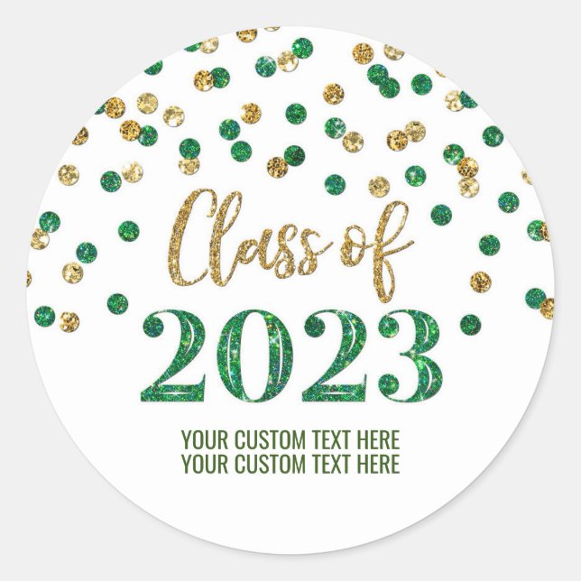 Sticker Rond Gold Green Confetti Graduation 2023 (Devant)