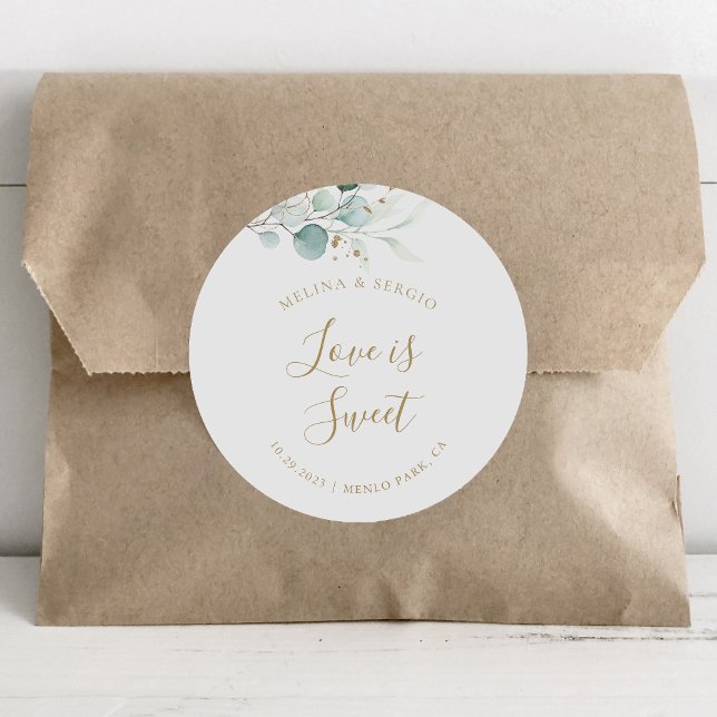 Sticker Rond Gold Green Eucalyptus Mariage L'amour est doux (Créateur téléchargé)