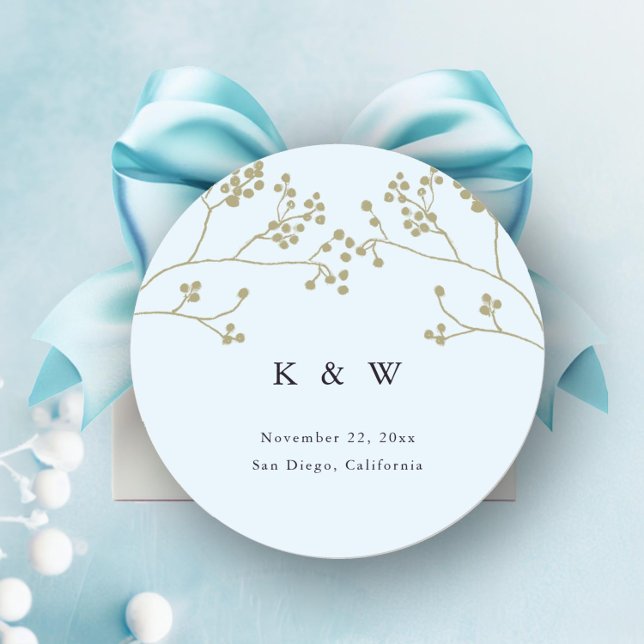 Sticker Rond Gold Green Ice Blue Elegant Chic Winter Wedding (winter greenery wedding sticker favors envelope seals elegant modern classic ice blue gold monograms)