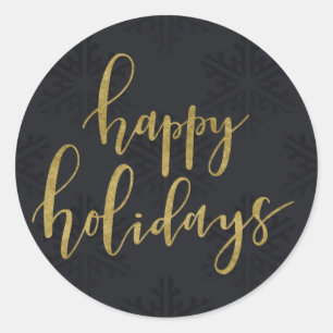 Sticker Rond Gold HAPPY HOLIDAYS Winter Black Snowflakes