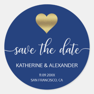 Sticker Rond Gold Heart Marine Blue Wedding SAVE LA DATE