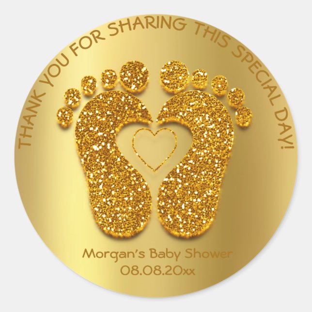 Sticker Rond Gold Heart Pieds Baby shower Favoriser Merci cadea (Devant)