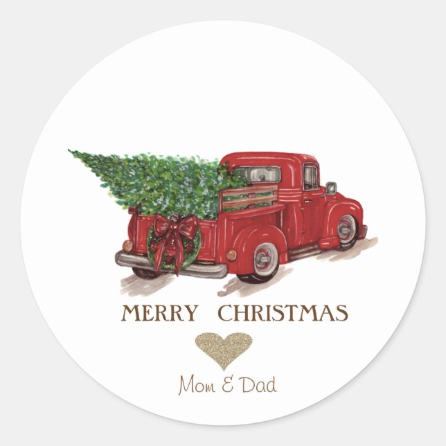 Sticker Rond Gold Heart, Red Truck Pine Tree Noël (Devant)
