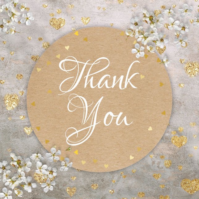 Sticker Rond Gold Hearts Script Merci Rustique Kraft Boho (Gold Hearts Script Thank You Rustic Kraft Boho Classic Round Sticker)