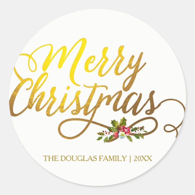 Sticker Rond Gold & Holly Red Floral Joyeux Noël (Devant)