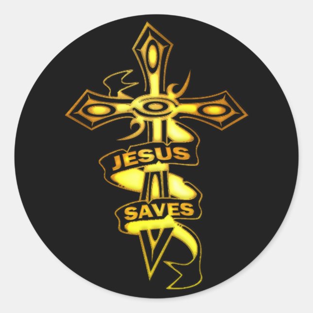 STICKER ROND GOLD JESUS SAUVE CROSS (Devant)