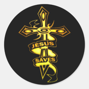STICKER ROND GOLD JESUS SAUVE CROSS