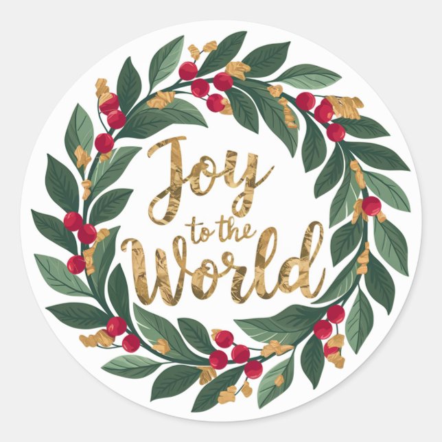 Sticker Rond Gold Joy to the World Red Berry Wreath Christmas (Devant)