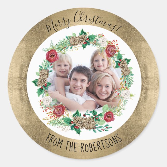 Sticker Rond Gold Joyeux Noël Floral Wreath Family Photo (Devant)