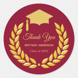 Sticker Rond Gold Laurel Wreath sur Maroon Merci Graduation