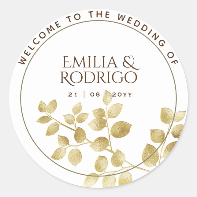 Sticker Rond Gold Leaf Espagnol Boda Bienvenue Mariage Faveur (Devant)