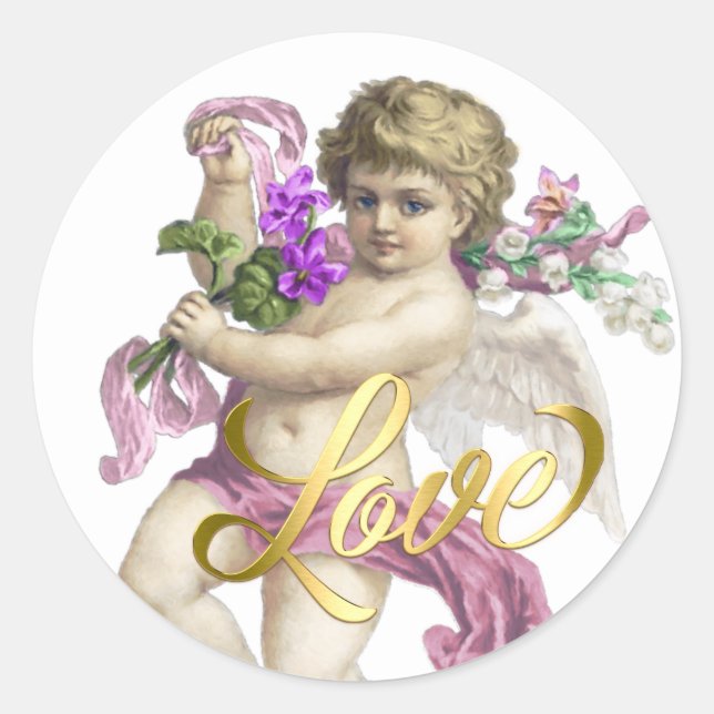 Sticker Rond Gold Love avec Cherub Rose rose (Devant)