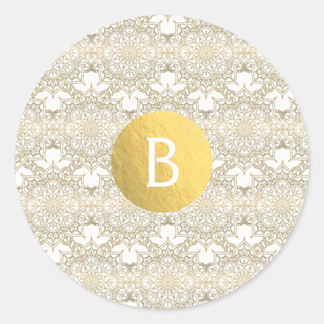 Sticker Rond Gold Mandala Blanc Moderne Mariage élégant Faveur (Devant)