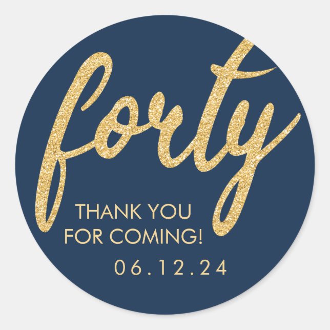 Sticker Rond Gold Navy Blue 40 Anniversaire Merci Parties scint (Devant)