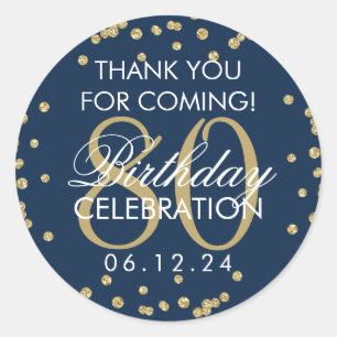 Sticker Rond Gold Navy Blue 80th Birthday Merci Parties scintil