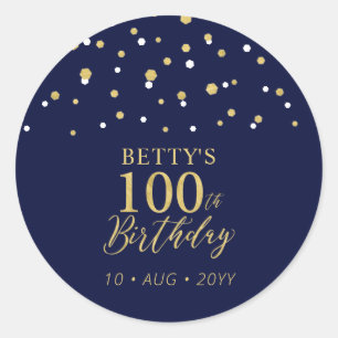 Sticker Rond Gold Navy Blue Confetti 100e fête d'anniversaire F
