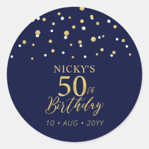 Sticker Rond Gold Navy Blue Confetti 50e fête d'anniversaire Fa