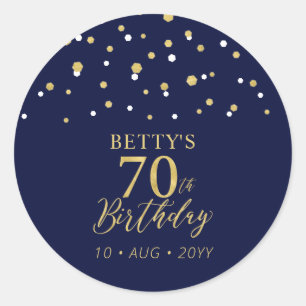 Sticker Rond Gold Navy Blue Confetti 70e fête d'anniversaire Fa
