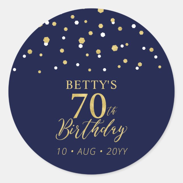Sticker Rond Gold Navy Blue Confetti 70e fête d'anniversaire Fa (Devant)