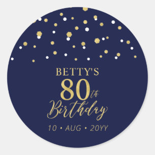 Sticker Rond Gold Navy Blue Confetti 80e fête d'anniversaire Fa