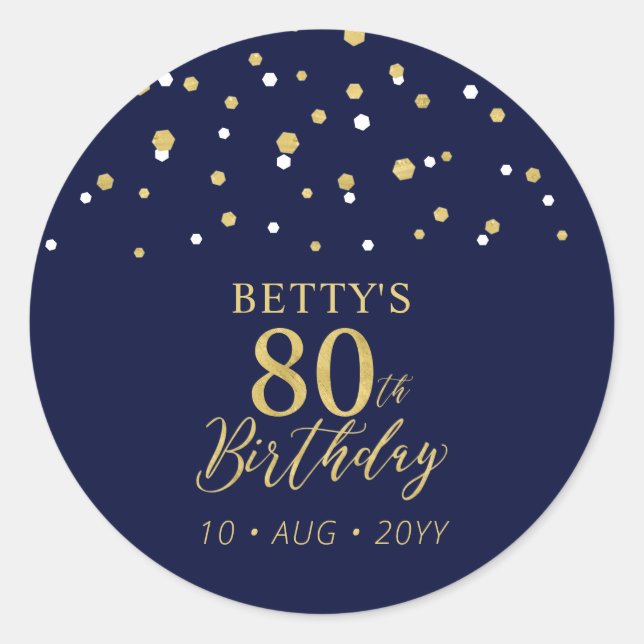 Sticker Rond Gold Navy Blue Confetti 80e fête d'anniversaire Fa (Devant)