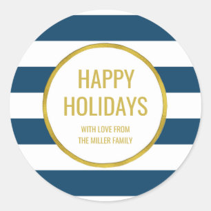 Sticker Rond Gold Navy Blue Stripes Happy Holidays Custom