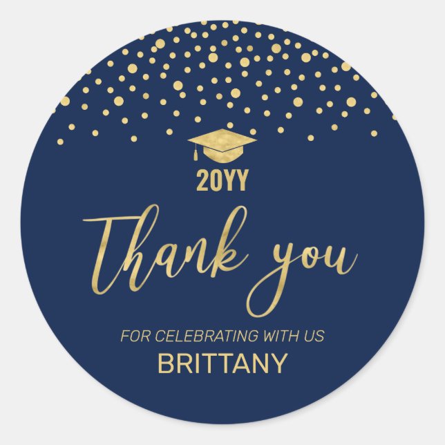 Sticker Rond Gold & Navy Confetti Moderne Graduation Party Favo (Devant)