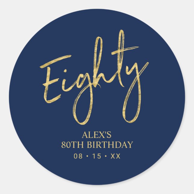 Sticker Rond Gold & Navy Lettering 80th Birthday Favor (Devant)