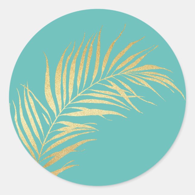 Sticker Rond Gold Palm Frond sur Arrière - plan bleu des Caraïb (Devant)