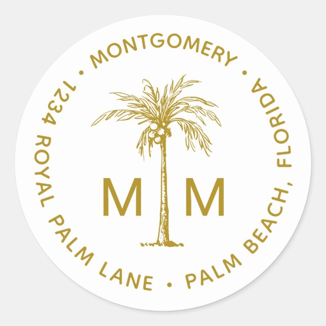 Sticker Rond Gold Palm Tree Monogramme Tropical Adresse de reto (Devant)