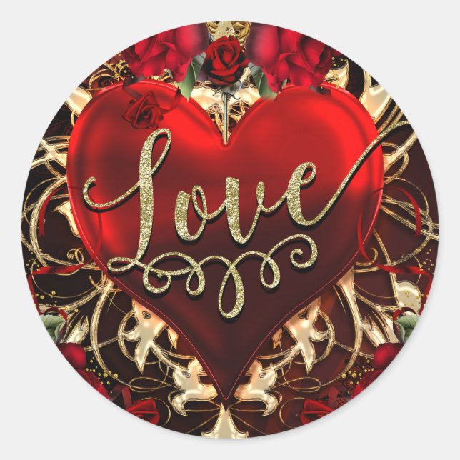Sticker Rond Gold Parties scintillant Amour Coeur & Red Roses P (Devant)