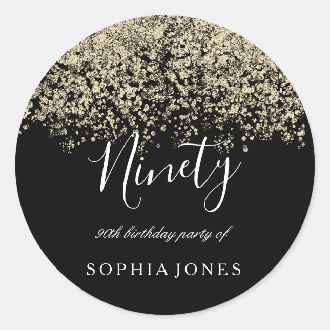 Sticker Rond Gold Parties scintillant Confetti Black 90e annive (Devant)
