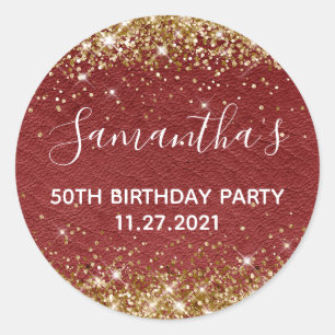Sticker Rond Gold Parties scintillant Dark Red Leather 50e fête