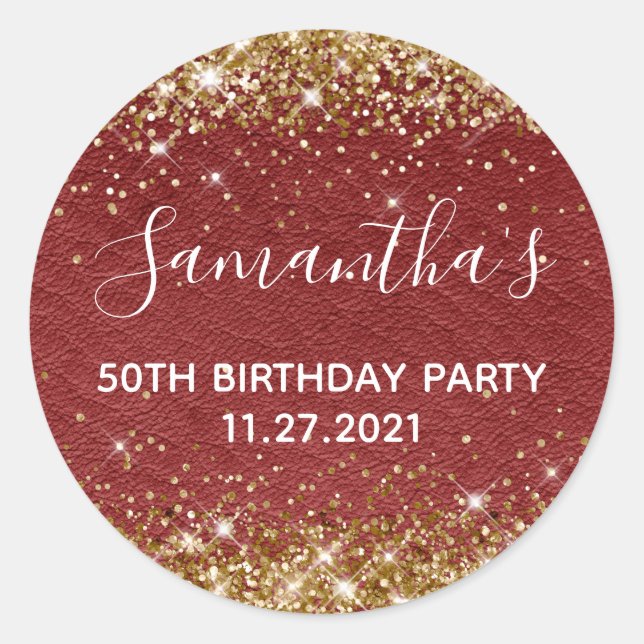 Sticker Rond Gold Parties scintillant Dark Red Leather 50e fête (Devant)