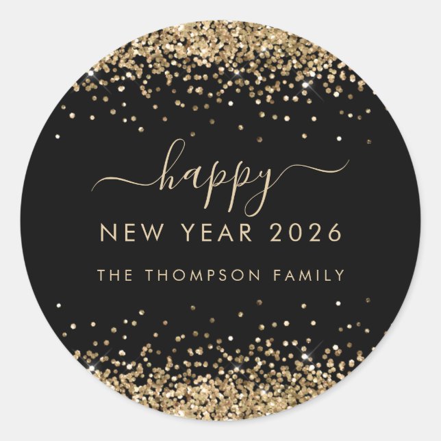 Sticker Rond Gold Parties scintillant Nom Black Happy New Year  (Devant)