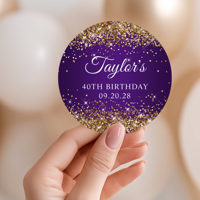 Sticker Rond Gold Parties scintillant Royal Purple 40e annivers (Gold Glitter Royal Purple 40th Birthday Classic Round Sticker)