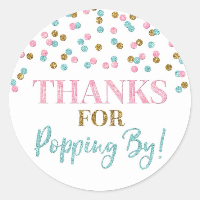 Sticker Rond Gold Pink Blue Confetti Merci pour Popping By (Devant)